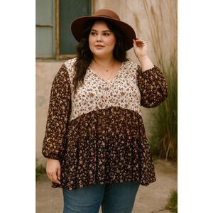 Bloomchic Women Boho Peasant Top Size 1X Mixed Print Balloon Sleeve Micro Floral